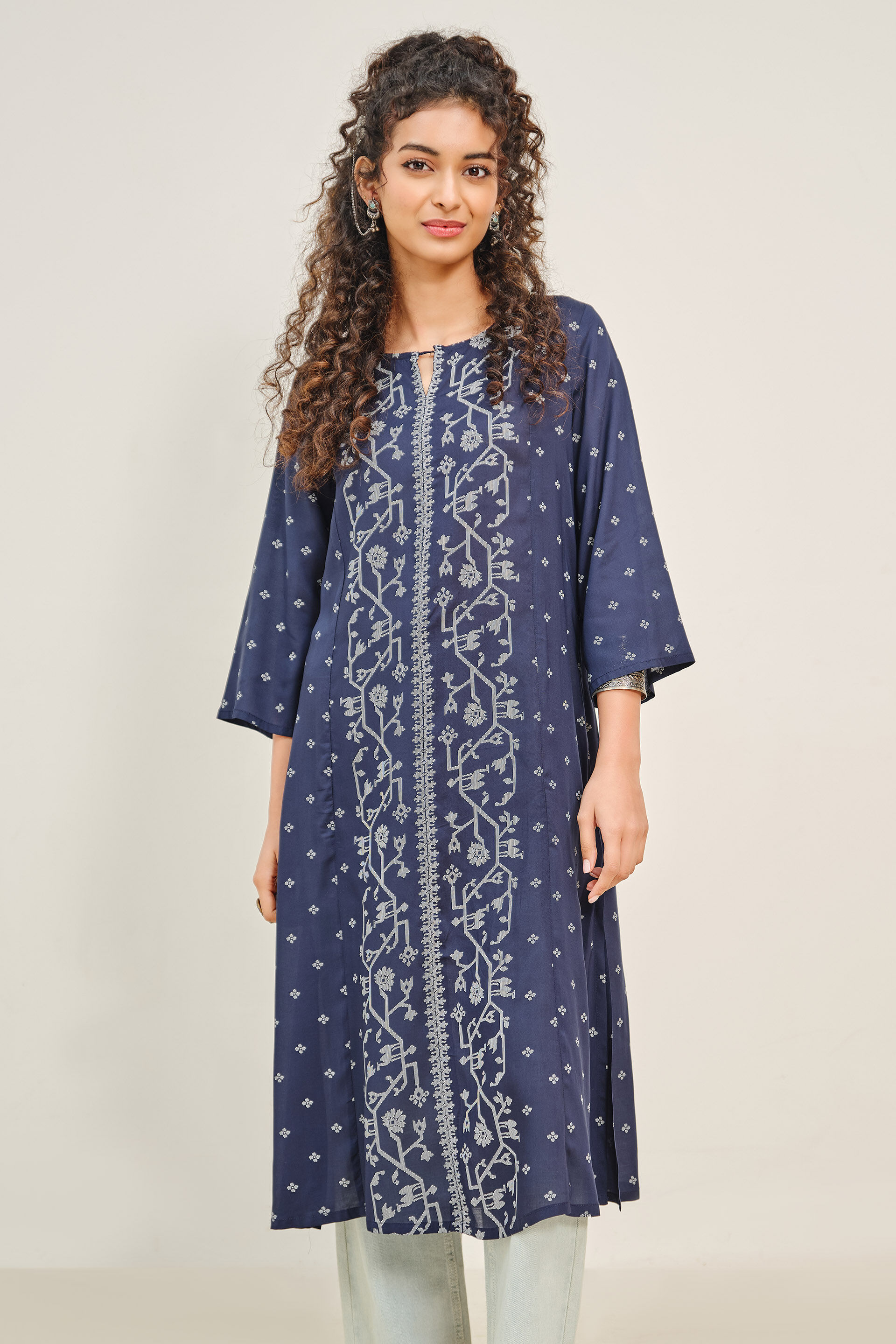 Geometric Pattern Indigo Modal Kurta, Indigo, image 3